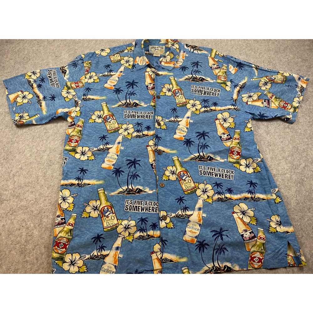 Big Dogs Mens Blue Five O'Clock Somewhere Beer Hawaiian Shirt Rayon Size S/M